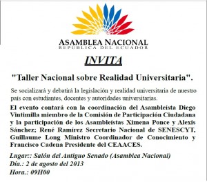 Invitación a Taller Nacional sobre Realidad Universitaria