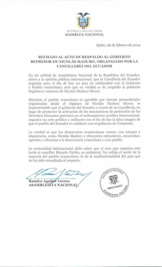 Asambleísta Ramiro Aguilar rechaza el acto de respaldo al gobierno represor de Nicolás Maduro